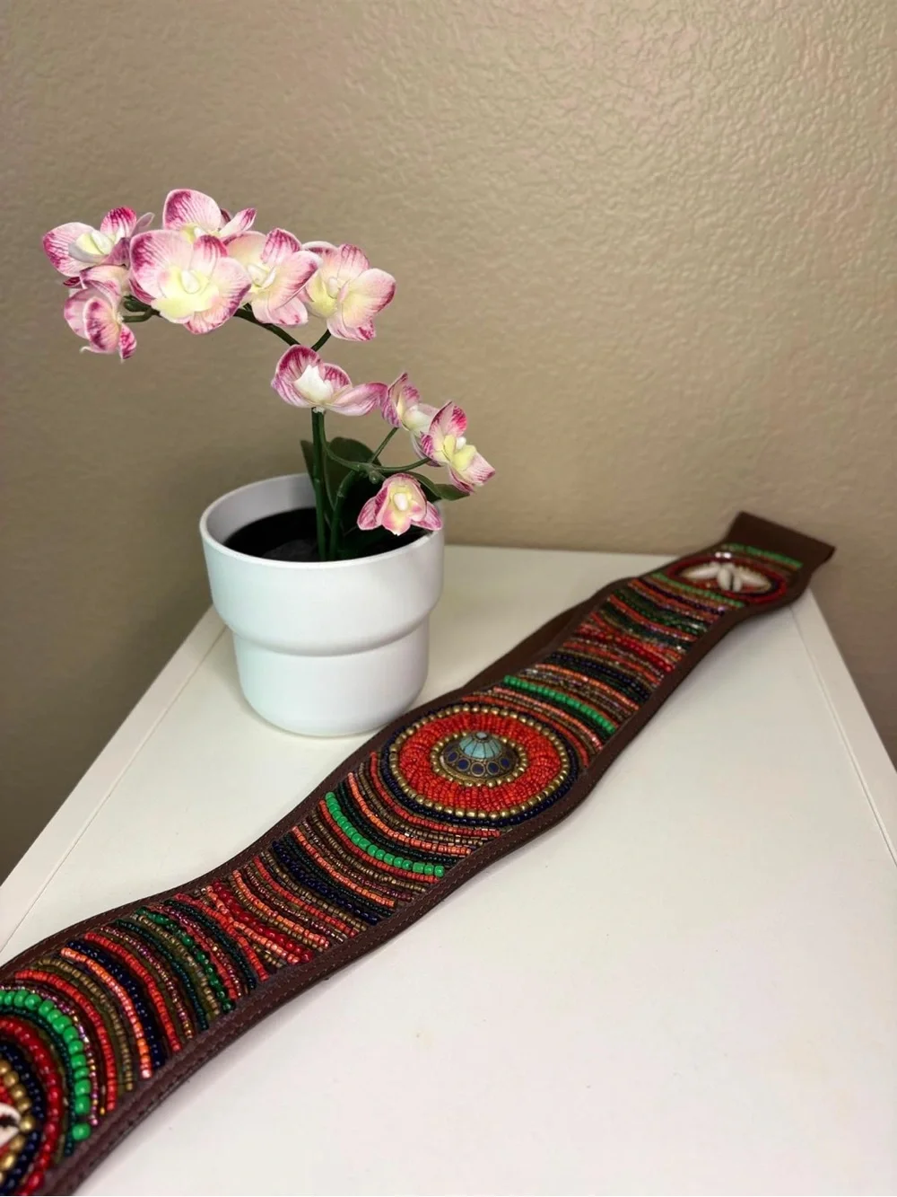 Boho Beaded Wide Leather Statement Belt Turquoise Concho Cowrie Shells